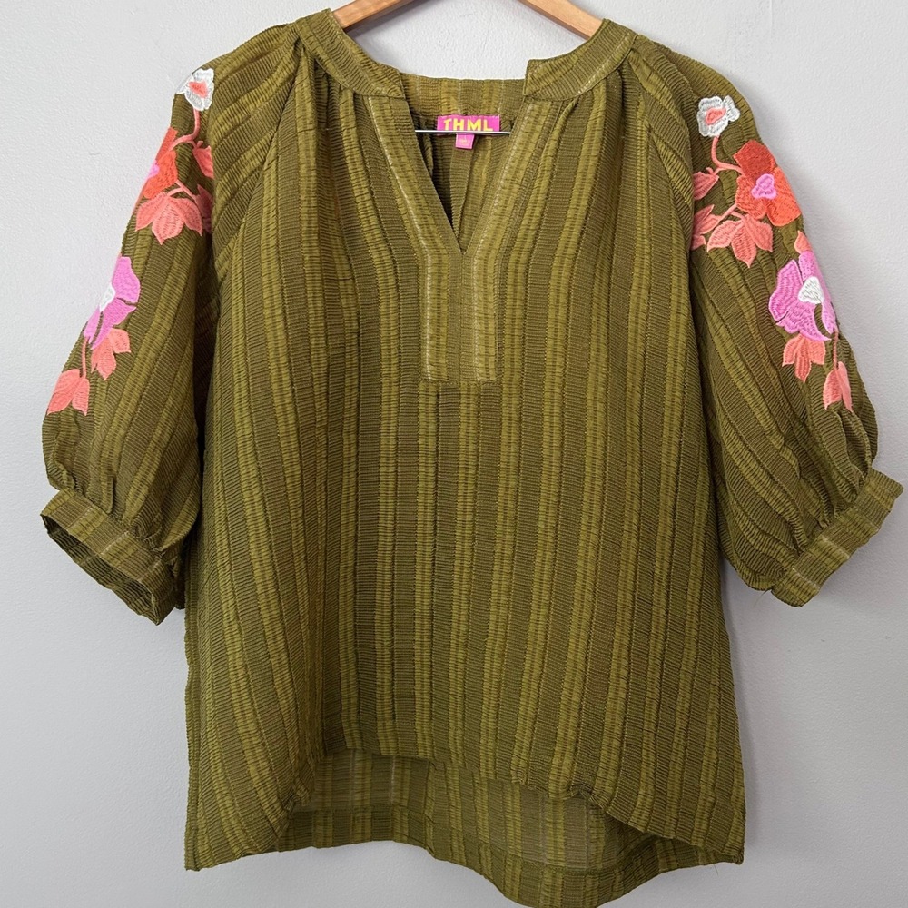 THML Blouse Womens L Olive Green Embroidered Floral Puff Sleeve Boho Peasant